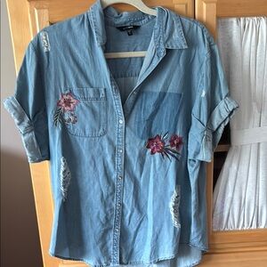 Express Blue Denim Shirt with Floral Embroidery